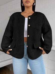 Flirla Plus Size Women Plain Color Long Sleeve Single Breasted Casual Loose Jacket For Autumn, For Winter Fall Cloth For Women - Black - View 1