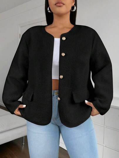 Flirla Plus Size Women Plain Color Long Sleeve Single Breasted Casual Loose Jacket For Autumn, For Winter Fall Cloth For Women