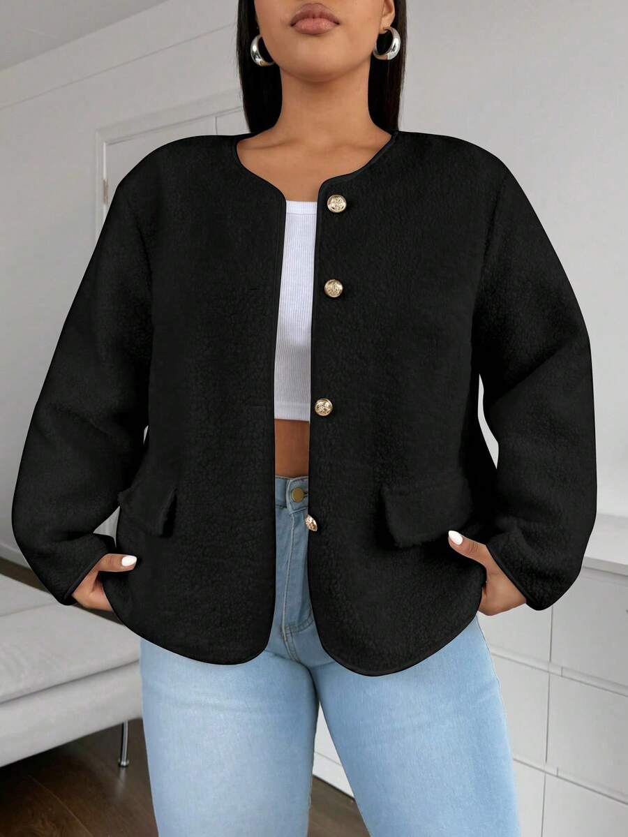 Flirla Plus Size Women Plain Color Long Sleeve Single Breasted Casual Loose Jacket For Autumn, For Winter Fall Cloth For Women - Black - View 1