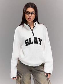 Teen GirlCasual Street Style Letter Embroidered Contrast Color Fleece Pullover Sweatshirt, Versatile For Student Autumn/Winter