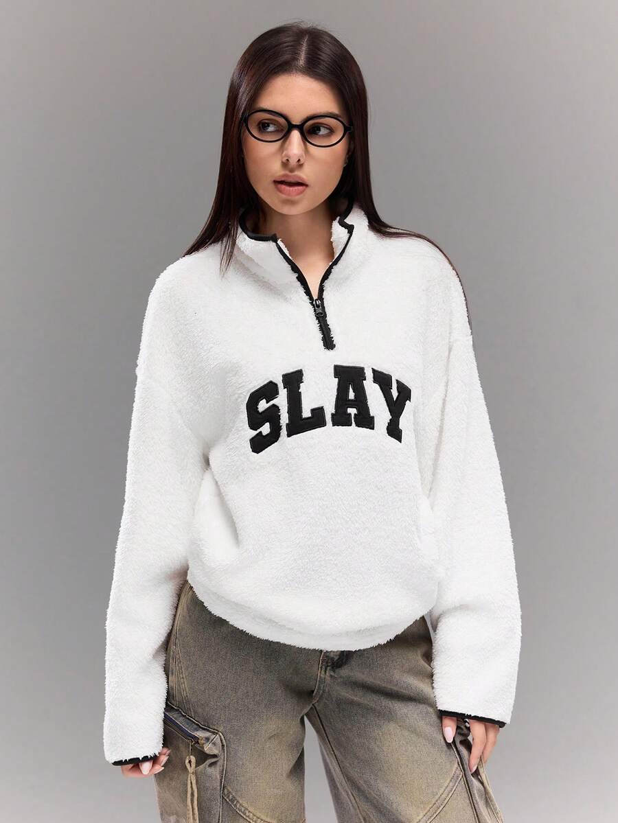 Teen GirlCasual Street Style Letter Embroidered Contrast Color Fleece Pullover Sweatshirt, Versatile For Student Autumn/Winter