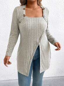 SHEIN T-shirt décontracté printemps pour femmes, grande taille, à manches longues, élégant, avec boutons décoratifs, pour la maison et l'usage quotidien - Beige - Voir 1