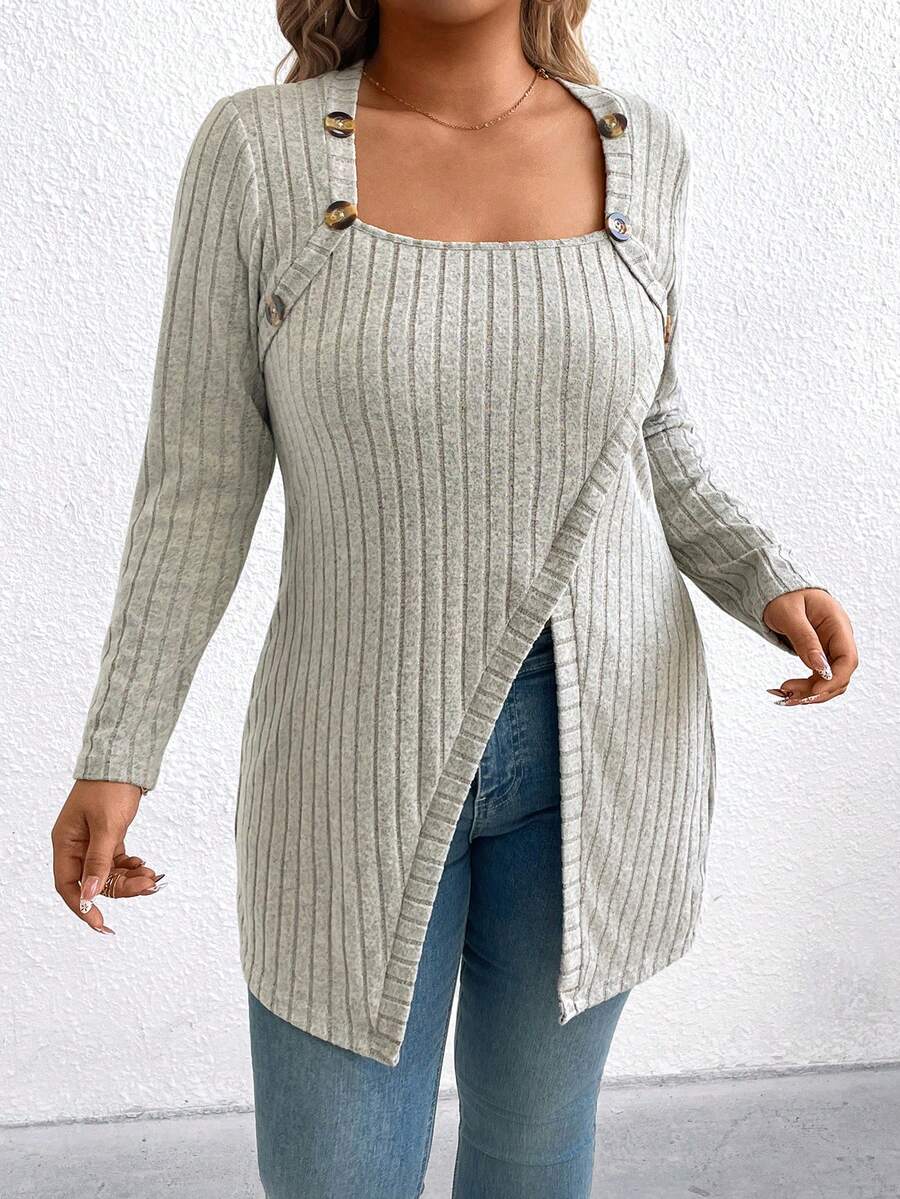 SHEIN T-shirt décontracté printemps pour femmes, grande taille, à manches longues, élégant, avec boutons décoratifs, pour la maison et l'usage quotidien - Beige - Voir 1