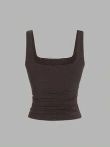 Sweetra Áo ba lỗ cổ vuông xếp ly đơn sắc đa năng cho nữ - Nhiều màu - Xem 3