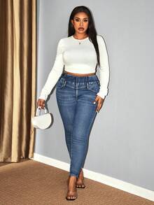 Hourglow Dollyholly86 Plus Size Casual Washed High Waist Slim Fit Jeans, For Hourglass Body Shape - Blue - View 4