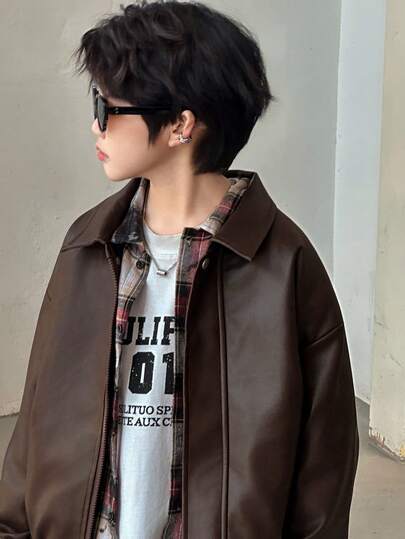 DAZY Tween Boy Solid Color Drop Shoulder Long Sleeve Zip-Up Loose PU Leather Jacket, Autumn