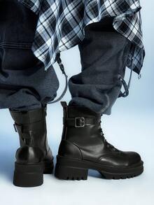 Sugerpunk 女式深色朋克哥特式系带蝙蝠摩托车靴、厚底厚底马靴、软皮踝靴和短靴 - 黑色 - 查看 4