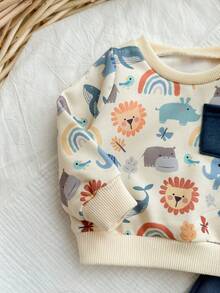 Newborn Baby Boy Cute Cartoon Pattern Long Sleeve Sweatshirt And Pants Set, Autumn/Winter - Multicolor - View 6
