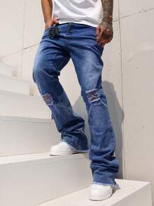 Manfinity LEGND بنطلون جينز رجالي كاجوال مغسول مهترئ بقصة واسعة