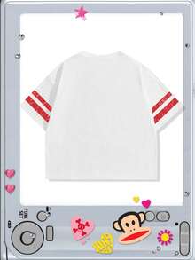 ROMWE MEN Paul Frank X ROMWE 男士字母与猴子印花圆领短袖T恤，夏季 - 白色 - 查看 2