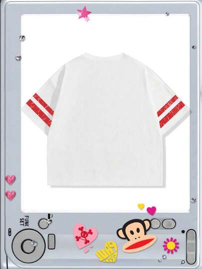 Paul Frank X ROMWE Men's Letter & Monkey Print Round Neck Short Sleeve T-Shirt, Summer