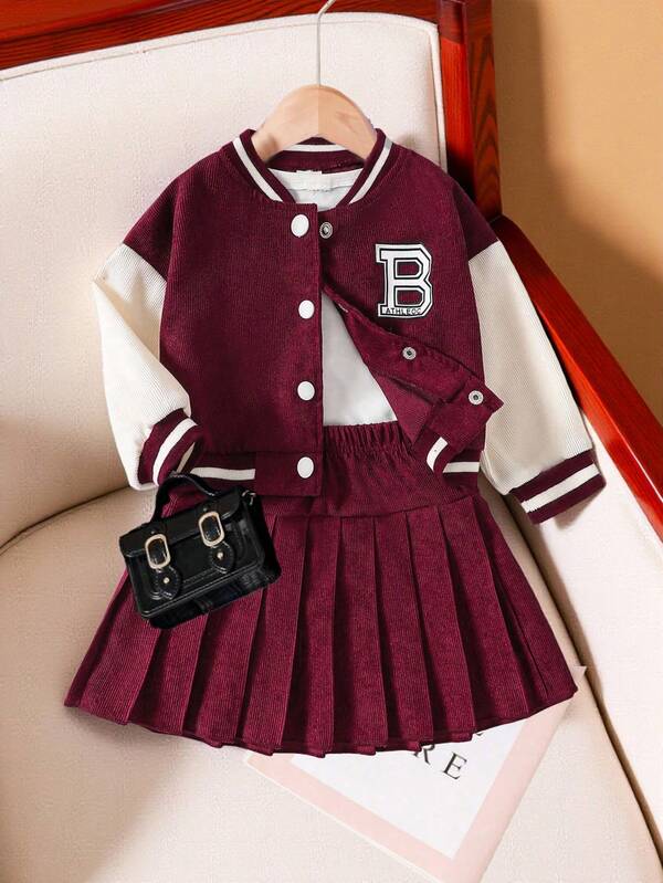 Genkimix Kids 2pcs Baby Girl Letter Print Color Block Baseball Jacket And Pleated Mini Skirt Set, Suitable For Casual Outings And Parties