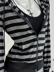 Elamini 灰黑条纹长袖宽松罗纹拉链卫衣，女士款，优雅可爱，适合上学、毕业典礼、休闲、运动、秋冬季日常穿着。 - 黑色 - 查看 4