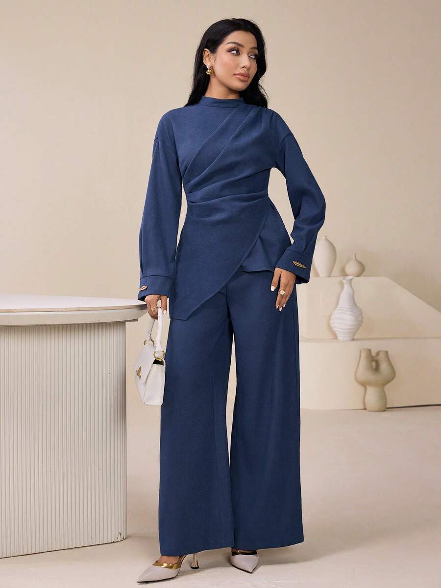 Veilorie 2pcs Women's Arabic Style Outfit (Long Sleeve Top And Wide Leg Pants Set) - Dusty Blue - View 1