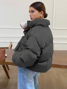 DAZY 前开式宽松女式夹棉大衣、长袖夹克 - 灰色 - 查看 2