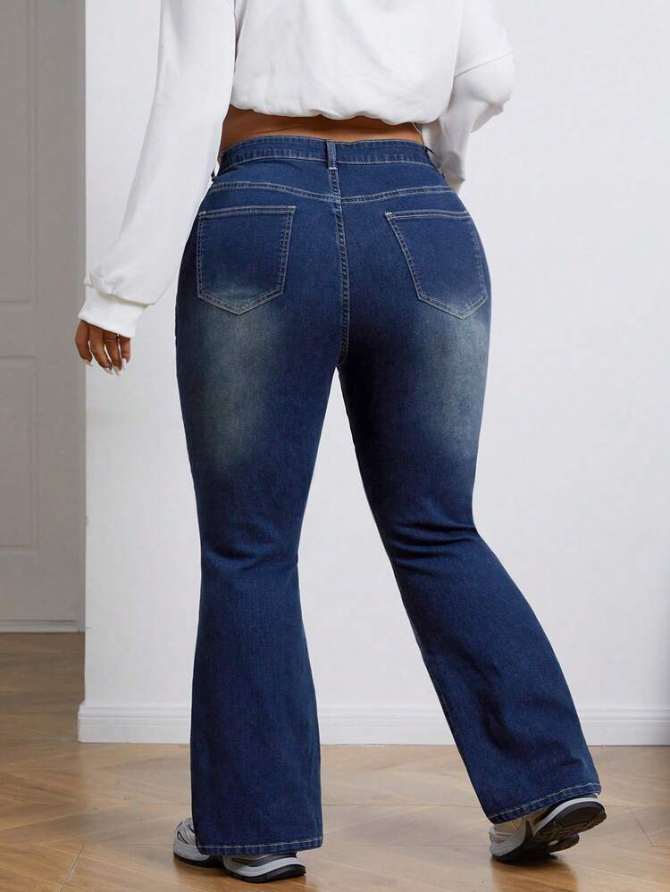 SHEIN ICON Plus Size Stretch Fitted Washed Flared Jeans - Dark Wash - View 2