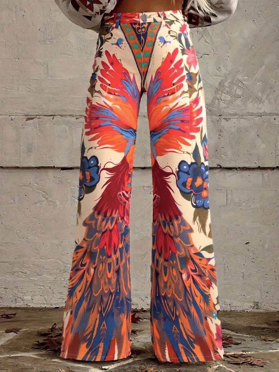 EMERY ROSE Women's High Waist Floral & Animal Print Wide Leg Jeans, Vacation Style - Multicolor - View 1