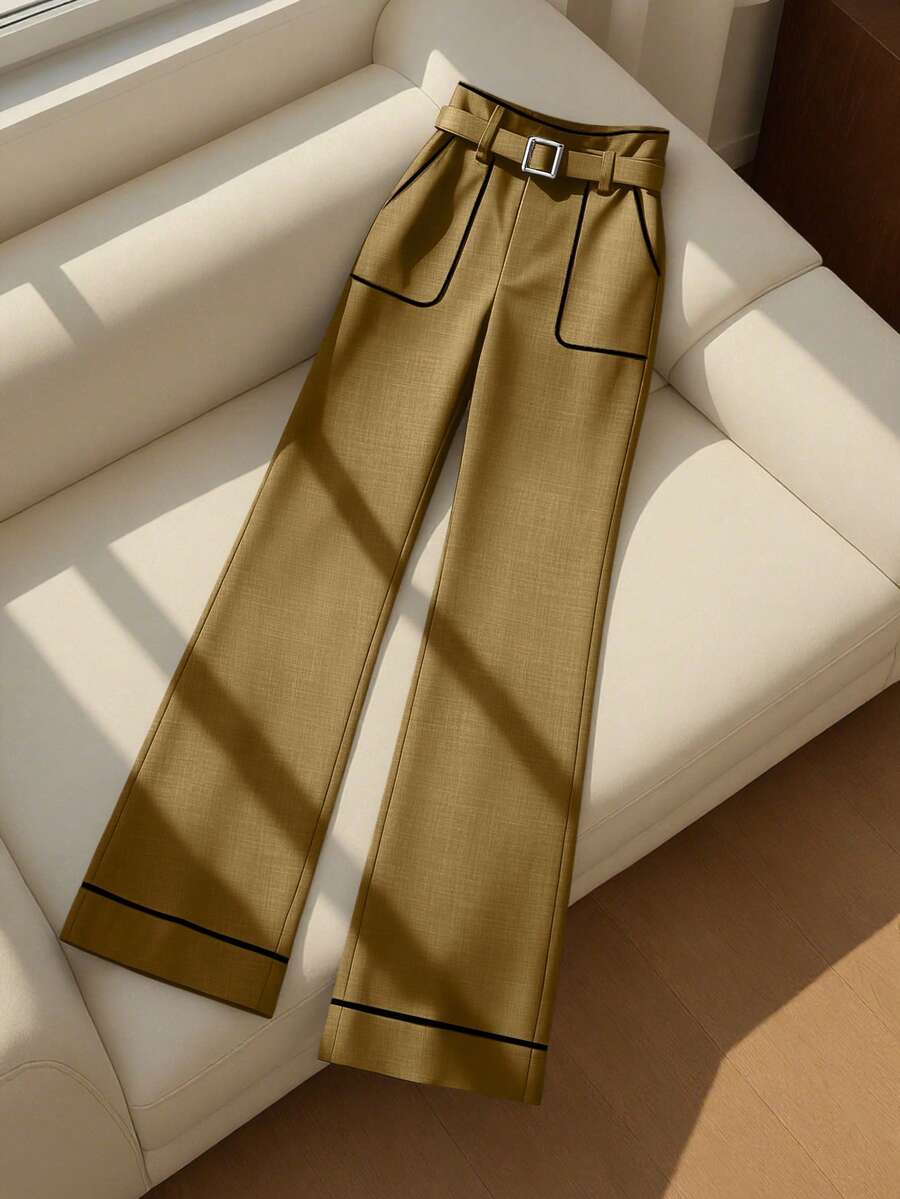 Franclia 女式撞色腰带环直筒休闲裤 - 卡其色 - 查看 1