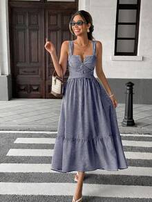 Pariaura 女式 V 领条纹交叉设计连衣裙 - 藍白色 - 查看 8