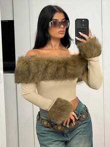 SHEIN ICON Women's Solid Color Fitted Off Shoulder Faux Fur Trim Long Sleeve T-Shirt - Khaki - View 3