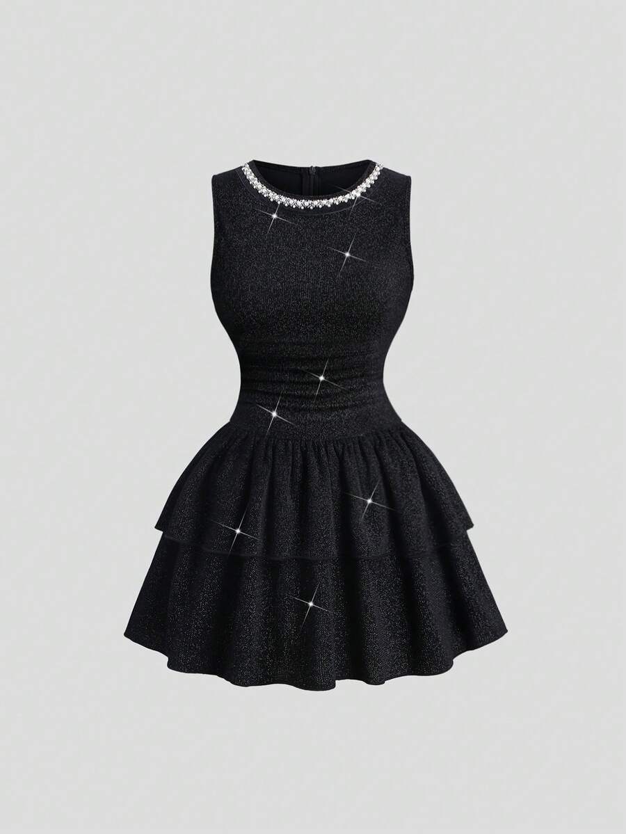 Sweetra 新款秋冬女士束腰优雅高端派对蛋糕连衣裙 - 黑色 - 查看 1