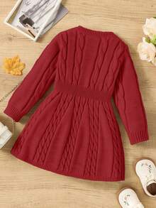 SHEIN Elladie kids 秋冬女童复古粗针织圆领腰部 A 字蝴蝶装饰长袖毛衣裙，适合户外休闲穿着 - 紅色 - 查看 2