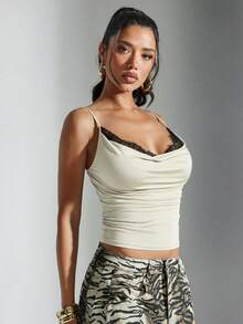 Denimoi Elegantes, sexy Kontrastfarben Spitze Patchwork Trägerkleid - Beige - Übersicht 4