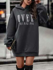 EMERY ROSE 女士休闲字母图案落肩卫衣，秋季 - 灰色 - 查看 3