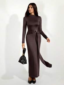 SHEIN Tall Women's Solid Color Stand Collar Long Sleeve Tie Design Fitted Elegant Brown Dress - Coffee Brown - View 4