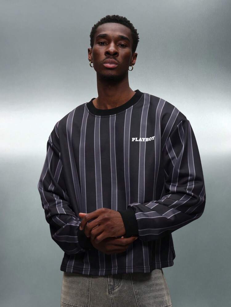 PLAYBOY X SUMWON Boxy Fit Long Sleeve Crew Neck Sweatshirt With Pinstripe Pattern And Brand Graphics
