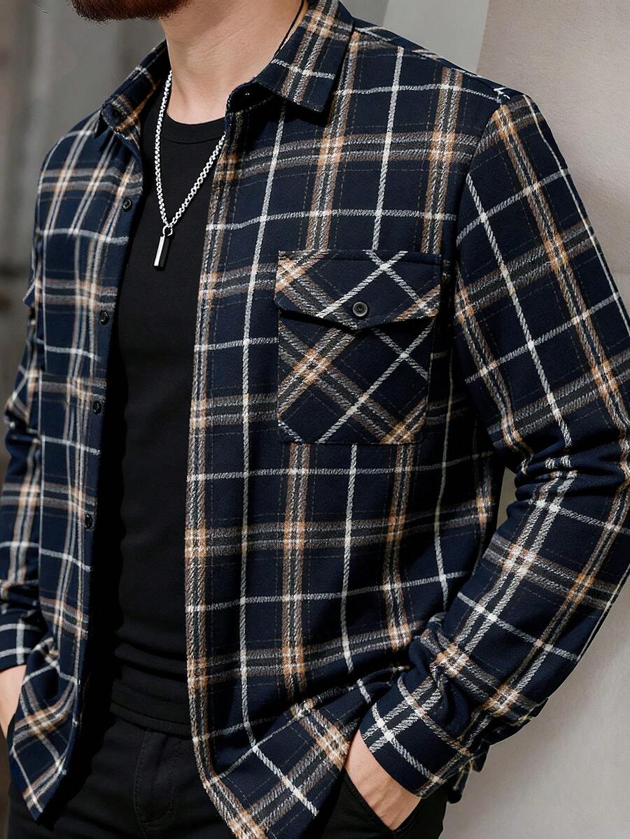 Manfinity Homme 男士复古休闲格子前开襟长袖衬衫式外套,秋季街头风,男士法兰绒衬衫,复古绅士风,日常休闲,周末旅行,户外活动,探险旅行,轻松工作环境或半正式场合,男友/老公礼物,周年纪念礼物,圣诞节,冬季 - 藏蓝色 - 查看 1