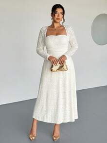 Firerie 秋季大码优雅纯色纹理方领束腰连衣裙