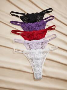 Charlaine 5件装性感女士浪漫蕾丝法式丁字裤 - 彩色 - 查看 5