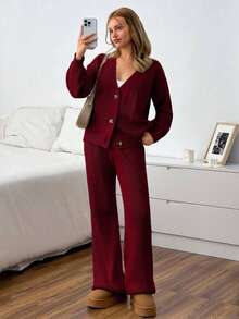 EURMUSE Damen Zweiteiler aus lässigem und elegantem, niedlichem Cardigan und Sweathose, Alltagsmode, Herbst, Winter - Bordeaux - Übersicht 4