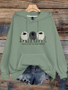 EMERY ROSE Plus Size Women's Sheep & Letter Slogan Graphic Print Casual Thermal Drawstring Sweatshirt Pullover Sweatshirt, Fall/Winter - Olive Green - View 3