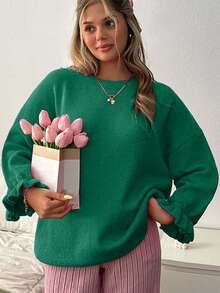 EURMUSE Oversized Casual Soft-Touch Knit Sweater With Ruffled Cuff Sleeves And Crew Neck In Vibrant Emerald Green Lounge Autumn - Green - View 7