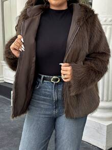 Easura Plus Size Women Solid Color Long Sleeve Zipper Front Casual Faux Fur Hooded Jacket, Autumn/Winter - Coffee Brown - View 6