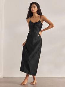 Ocili Satin Jacquard Comfortable Minimalist Slip Dress For Women, Chic Autumn Easy Comfort Autumn Slumber - Black - View 4