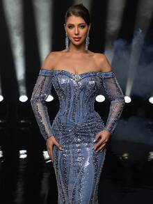 Glamrae Elegant Mist Blue Sequin Off Shoulder Long Sleeve Dress With Rhinestone Buttons,Fishtail Hem Trailing Luxury Formal Gala Wedding Event Birthday Party - Dusty Blue - View 7