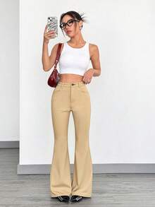 SHEIN EZwear 时尚百搭休闲卡其色喇叭裤 - 卡其色 - 查看 4