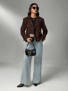 SHEIN Tall Women's Short Button Lapel Raincoat British Style Stylish Khaki Regular Hem Trench Coat With Long Sleeves For Everyday Comfort In Fall/Winter Brown Blazer Women Cropped Blazer Brown Jacket Women Cropped Jacket Oversized Jacket - Brown - View 3