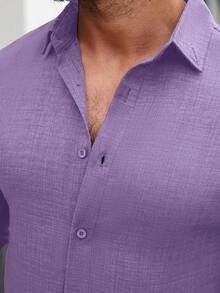 Manfinity Homme Men's Solid Color Fashion Front Button Casual Versatile Long Sleeve Striped Shirt - Violet Purple - View 4