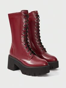 Sugerpunk Women's Fashion Red Thick Sole Motorcycle Mid-Calf Boots