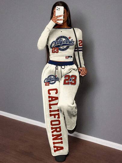 Slaydiva 女士休闲直筒运动裤 + 长袖 T 恤 2 件套/适合秋冬/Y2k 服装/街头服饰/女士两件套/返校/休闲街头/适合嘻哈/CALIFORNIA NO.23 Graphi