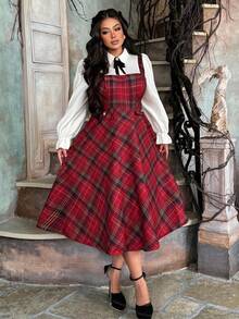 Lyrianda Christmas Plus Size Women's Turndown Collar Half-Open Front Shirt Collar 2 In 1 Red Plaid Contrast Color Button Elegant Retro Casual Midi A-Line Dress