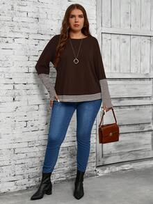EMERY ROSE Plus Size Women Contrast Stripe Crew Neck Loose Casual Long Sleeve T-Shirt,Fall Winter Cozy Country Style Country Concert - Brown - View 3