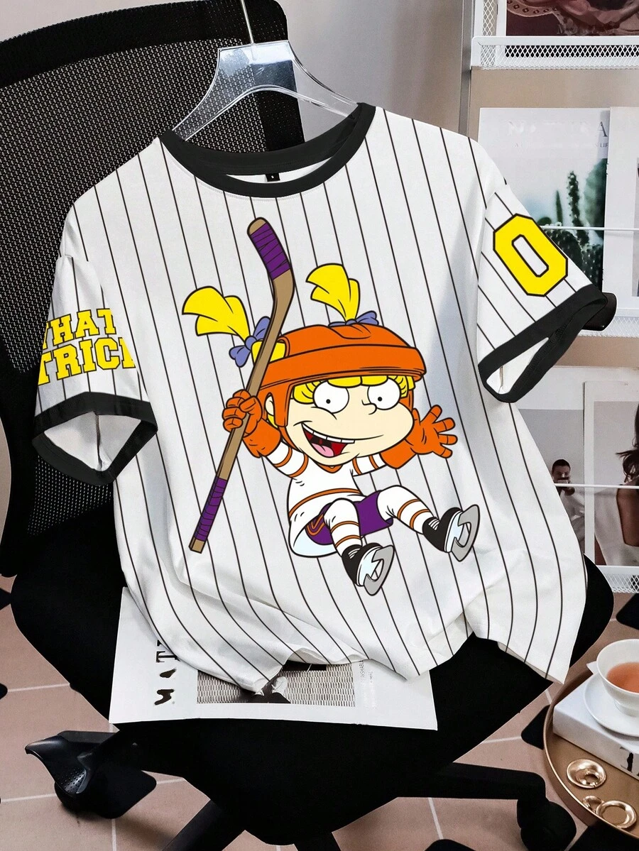 Nick 90s | SHEIN 女士休闲条纹卡通图案圆领短袖T恤，夏季 - 白色 - 查看 1