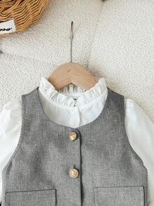 SHEIN 少女优雅金色纽扣背心、荷叶边领衬衫和百褶裙套装，适合秋冬季节、派对和日常穿着。少女校服灰色制服连衣裙，秋冬季少女连衣裙百褶裙套装。 - 灰色 - 查看 3
