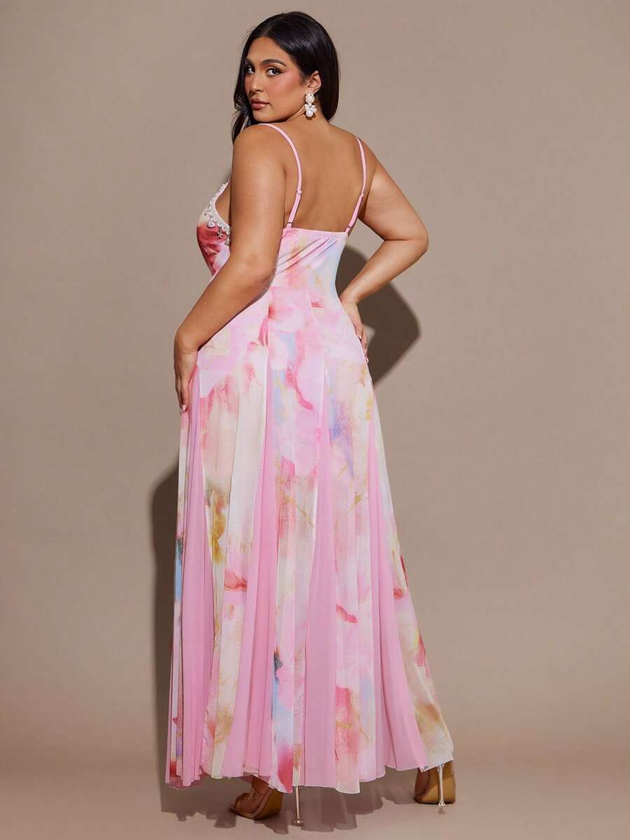 SHEIN BAE Romantic Vacation Boho Floral Mesh Print Patchwork Shell Ribbon Waist Maxi A-Line Long Dress - Multicolor - View 1