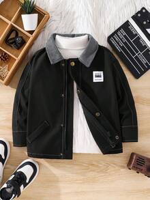 SHEIN 一件男童休闲学院风百搭撞色开襟长袖外套，适合通勤、上学、日常休闲、学院风、返校、校服、幼儿园、生日派对、晚宴、婚礼、洗礼、开学典礼、上学、旅行、运动、秋冬季穿着。 - 黑色 - 查看 3